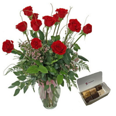 Long Stem Red Roses With Fudge from your local Clinton,TN florist, Knight's Flowers