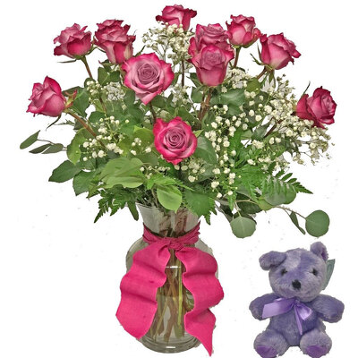 Lavender Roses With Plush Animal from your local Clinton,TN florist, Knight's Flowers