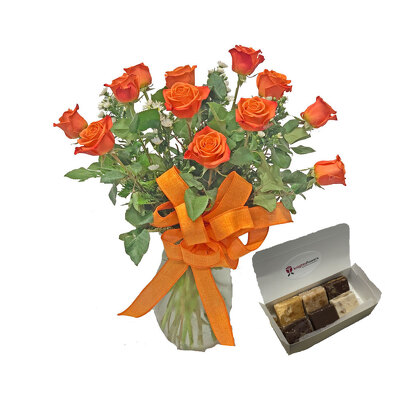 Orange Roses With Fudge from your local Clinton,TN florist, Knight's Flowers