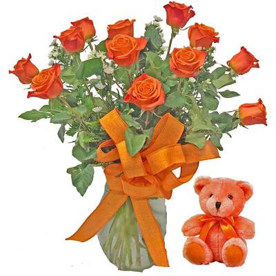 Orange Roses With Plush Animal from your local Clinton,TN florist, Knight's Flowers