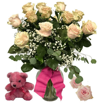 Pink Roses With Plush Animal from your local Clinton,TN florist, Knight's Flowers