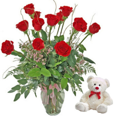 Dozen Long Stem Red Roses With Plush Animal from your local Clinton,TN florist, Knight's Flowers