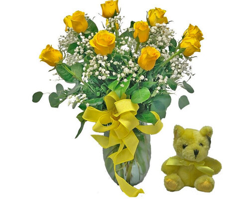 Yellow Roses With Plush Animal from your local Clinton,TN florist, Knight's Flowers
