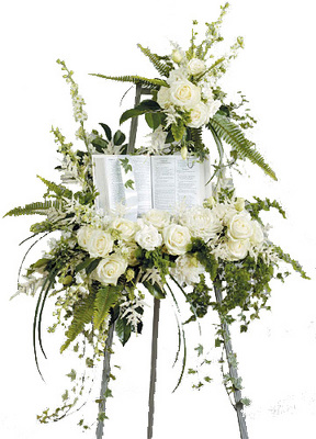 White Standing Spray with Bible from your local Clinton,TN florist, Knight's Flowers