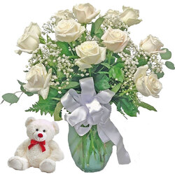 White Roses With Plush Animal from your local Clinton,TN florist, Knight's Flowers
