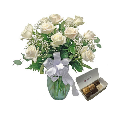 White Roses With Fudge from your local Clinton,TN florist, Knight's Flowers