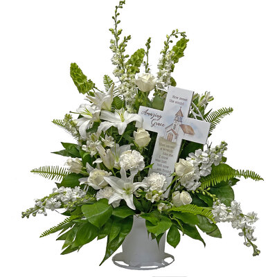 White Serenity Basket with Cross from your local Clinton,TN florist, Knight's Flowers