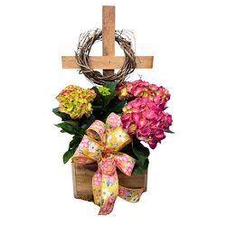 Cross with hydrangeas