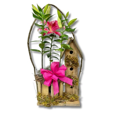 Stargazer Lilies in a Birdhouse from your local Clinton,TN florist, Knight's Flowers