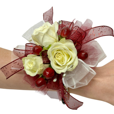 White & Red Wrist Corsage from your local Clinton,TN florist, Knight's Flowers
