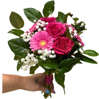 Pink Gerber and Rose Hand Held Bouquet from your local Clinton,TN florist, Knight's Flowers