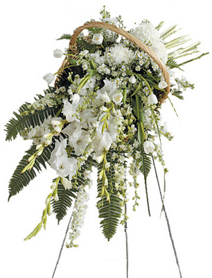 White Standing Spray in Fireside Basket from your local Clinton,TN florist, Knight's Flowers